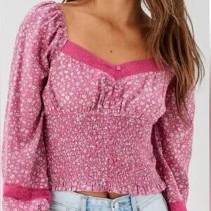 American Eagle Smocked Floral Print Long Sleeve Peasant Blouse in Pink - NWT